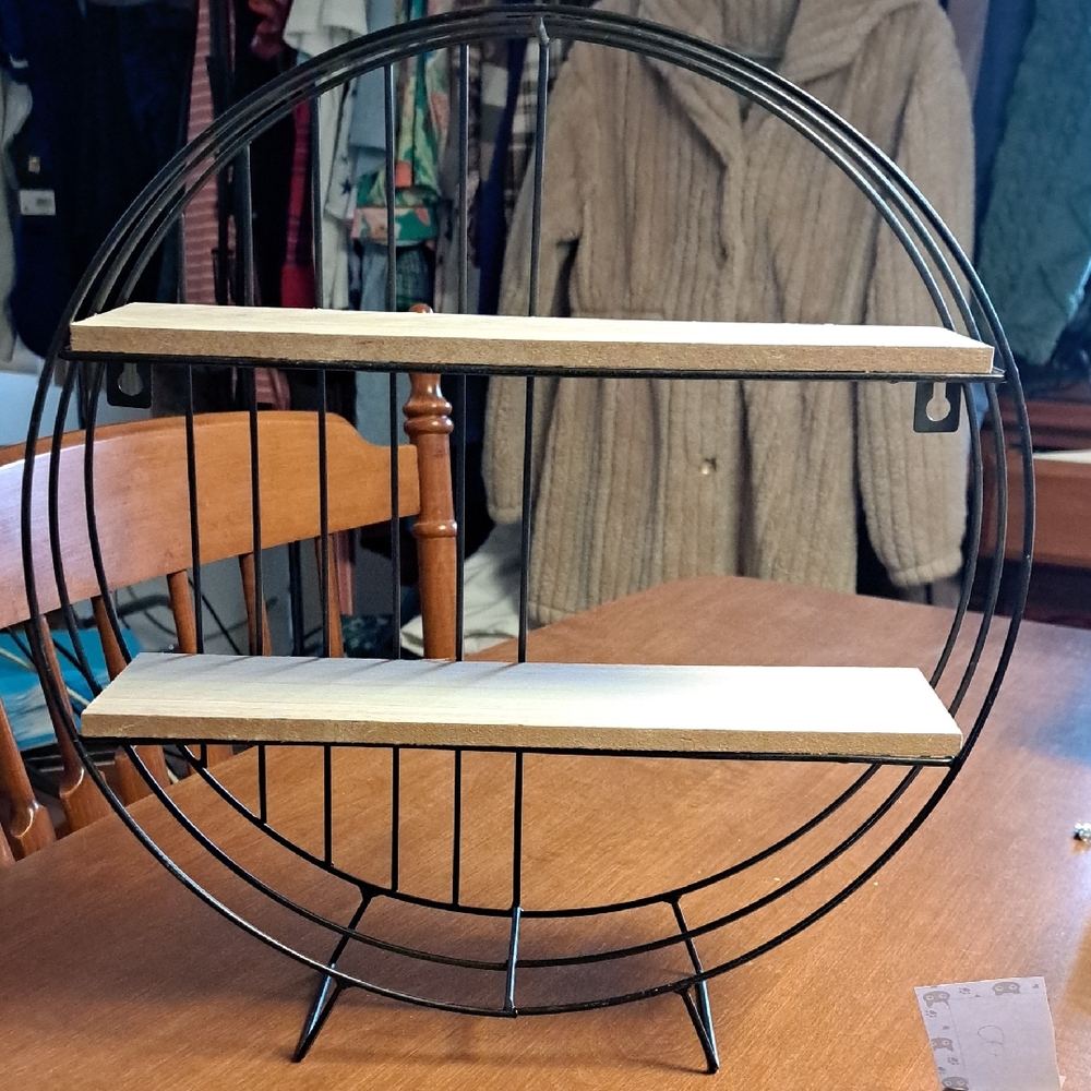Round Black Metal & Wood Wall Or Stand Shelf - Home Wall Decor